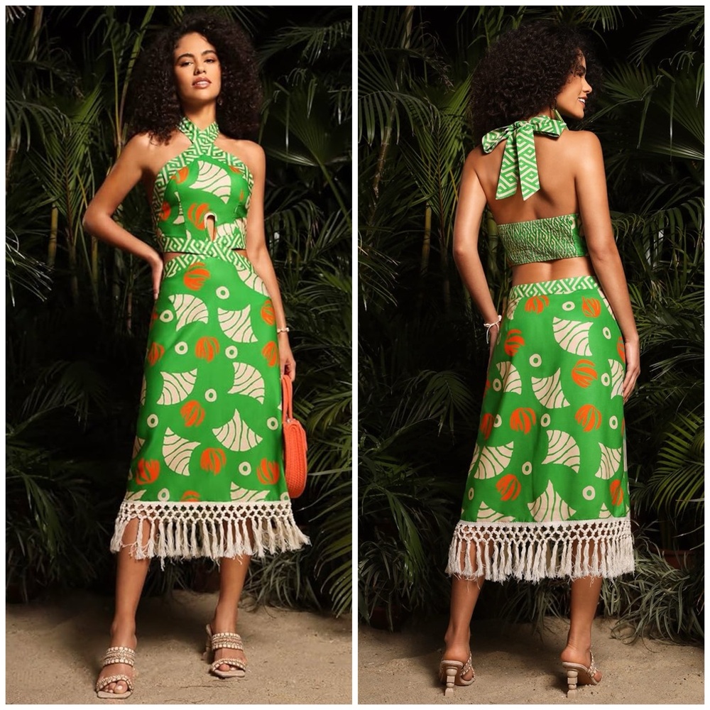Green Tropical Halter Midi Dress with Fringe